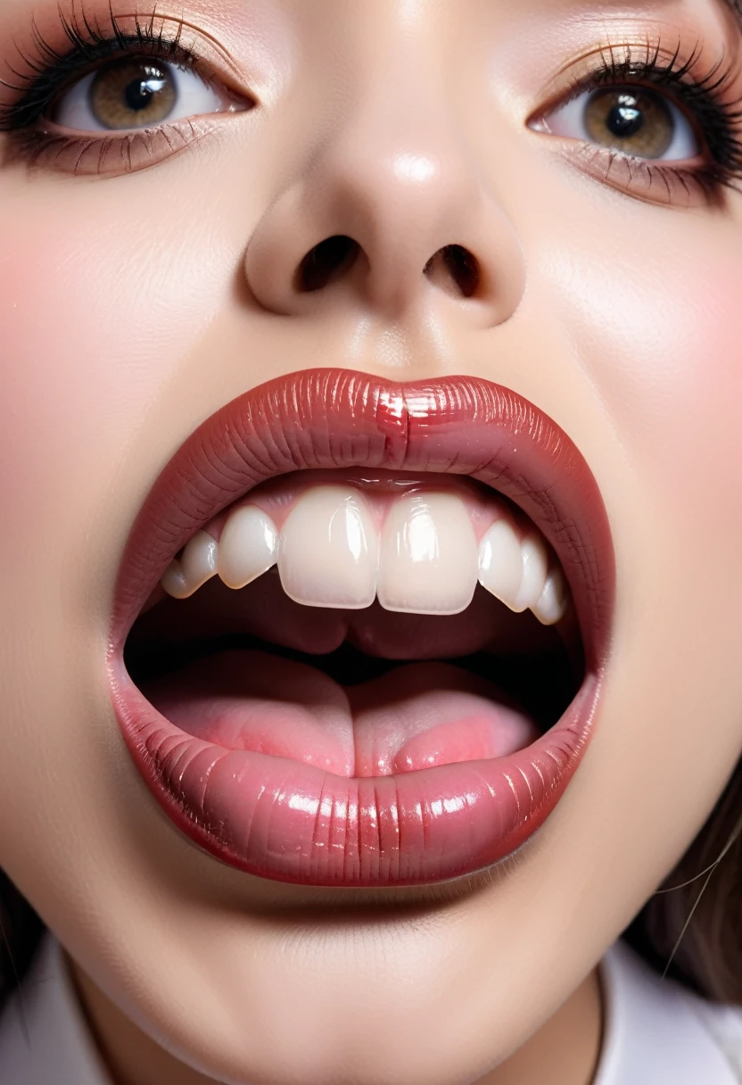 Close-up of the mouth、1beautiful girl、I mainly draw around the mouth.、tongue、long tongue、sticking out the tongue、Show the inside of the mouth、Open your mouth wide and show me your throat、Teak、lipstick、fisheye lens、