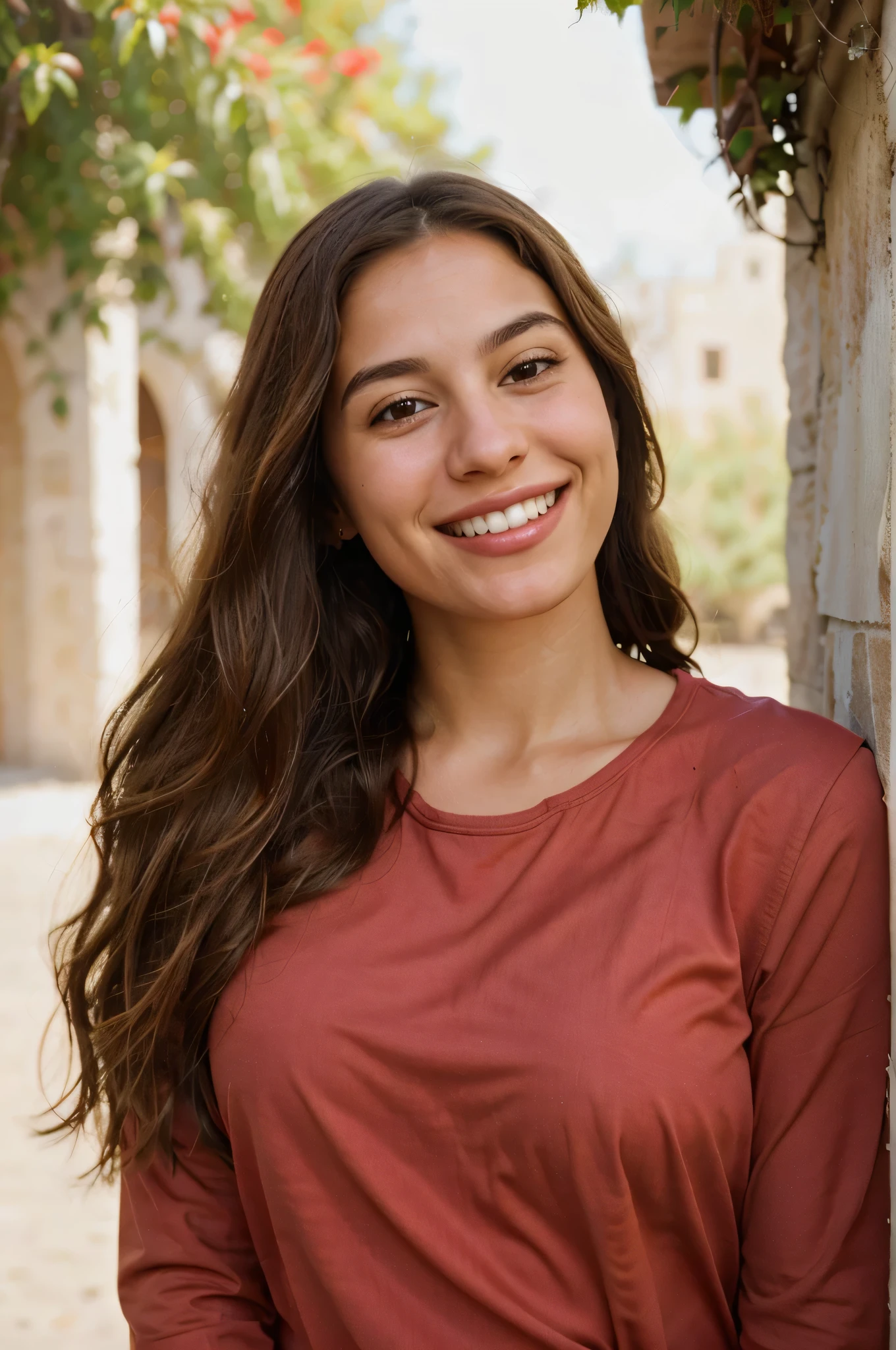 a photo-realistic portrait of a beautiful Palestinian woman with long brown hair, light red shirt, white teeth, and a cute smile, with highly detailed and realistic facial features, modest expression, and realistic white skin tone