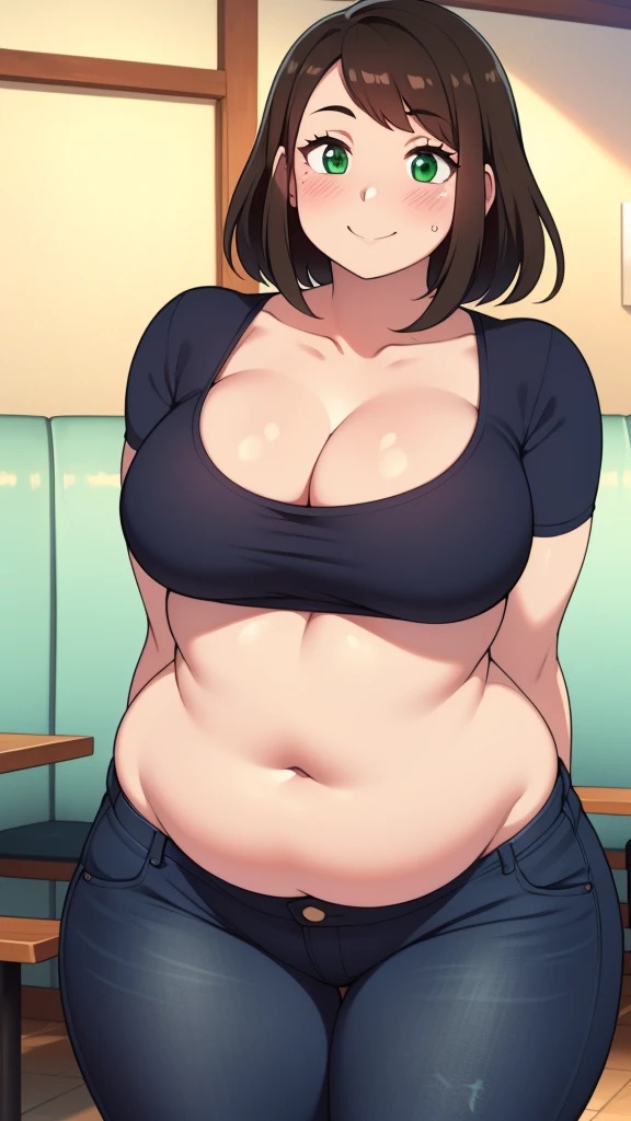 ((highres)), Masterpiece, high quality, best quality, beautiful, perfect lighting, detailed face, ultra cute face, looking at viewer, on a date, ((blush)), affectionate smile, ((1girl)), ((solo)), brown hair, fluffy hair, green eyes, jeans, crop top, tight clothes, fast food restaurant, medium breasts, cleavage, wide hips, ((thick thighs)), ((chubby)), chubby belly, standing, arms behind back, leaned over, cute pose,