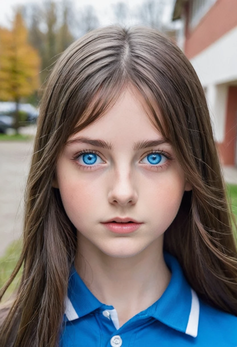 Girl with blue eyes and long brunette hair in front of her school without clothes