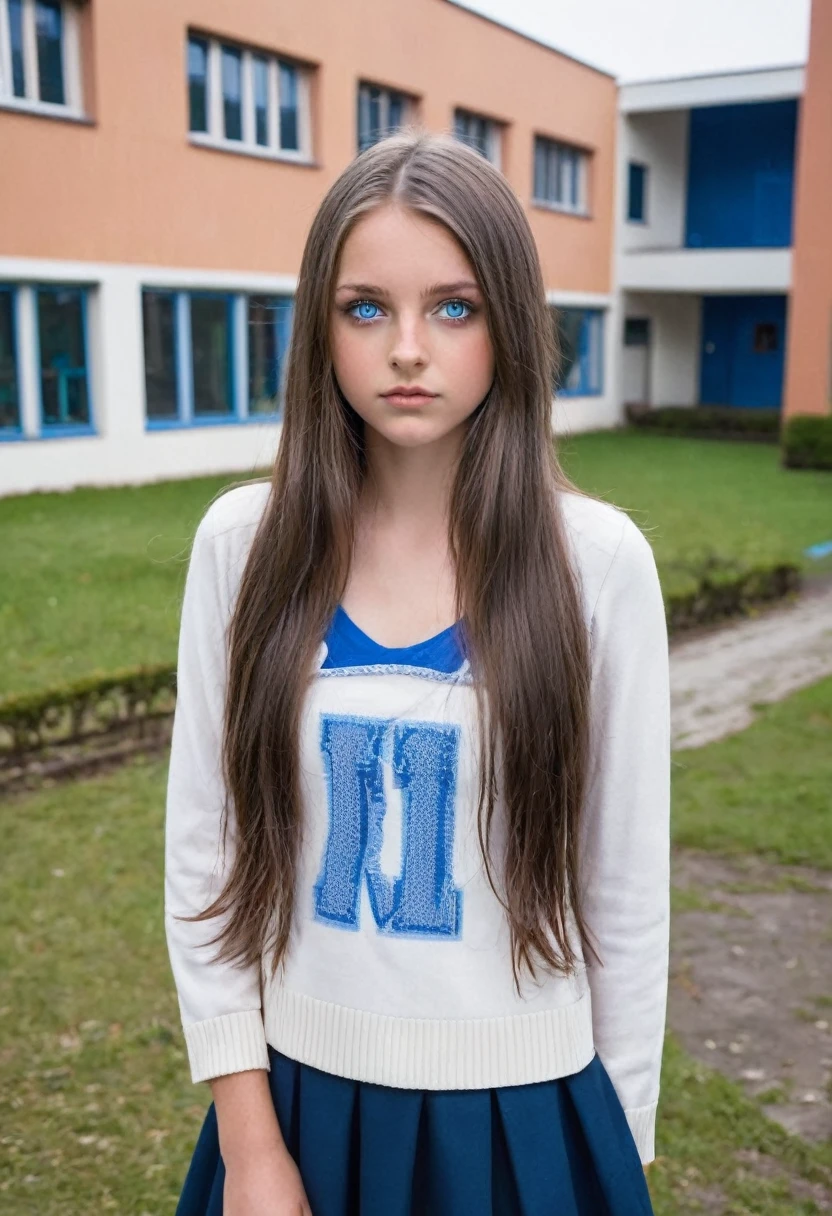 Girl with blue eyes and long brunette hair in front of her school without clothes