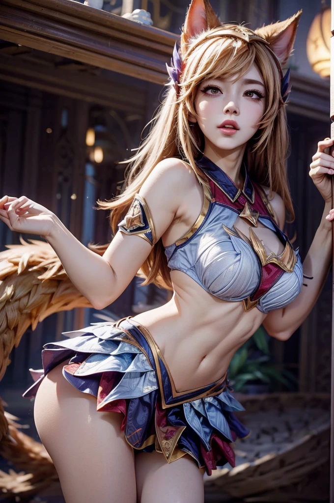 (best quality, masterpiece:1.4), absurdres, ultra-detailed CG, 8k, high detailed, beautiful face, detailed face, 1girl, solo ahri star guardian, IncrsAhriSG, animal ears, fox tail, multiple tails, hair ornament, highlighted sleeves, bare shoulders, skirt, zettai ryouiki, magic, multiple tails, blonde hair, light smile, thick lips, huge breasts, perfect body, thin waist, wide hips