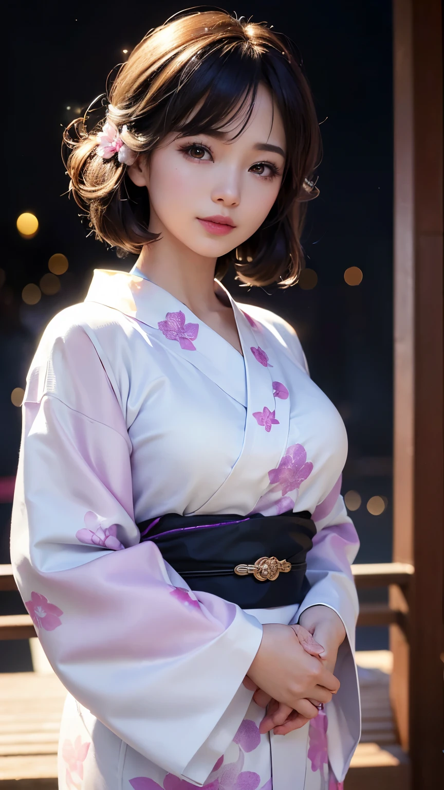(logo、masterpiece、8K、Tabletop、RAW Photos、wonderful、最high quality、フォトリアリスティックでVery detailedな CG 複合 8K 壁紙、high quality、Very detailed、Narrative poem、Particle Effects、Dynamic Effects、Depth of the Boundary、Cinematic Light、Lens flare、Ray Tracing)、 (One beautiful woman wearing a yukata、White yukata、Light purple pattern)、Black-haired、High definition skin、Very fine、Fine skin texture、Beautiful Face、True Face、Beautiful details in the eyes、Realistic eyes、Beautifully detailed eyes、Realistic Skin、Beautiful Skin、Surreal、Smiling Eyes、Hair and light eyes、vivid、Colorful lights and bokeh、plump lower lip、Pink Lips、Hair flutters in Wind、Hair bounces、wonderful景色、night、evening、Wind、moonlight、moonlight、light