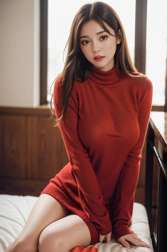 A beautiful woman in a red sweater, (1girl:1.2),(brown hair:1.2),(huge-breasted:1.2),looking directly at the viewer in a closeup full body pose, high resolution, photorealistic, intricate details, detailed eyes and face, classroom background,full body,only lingerie