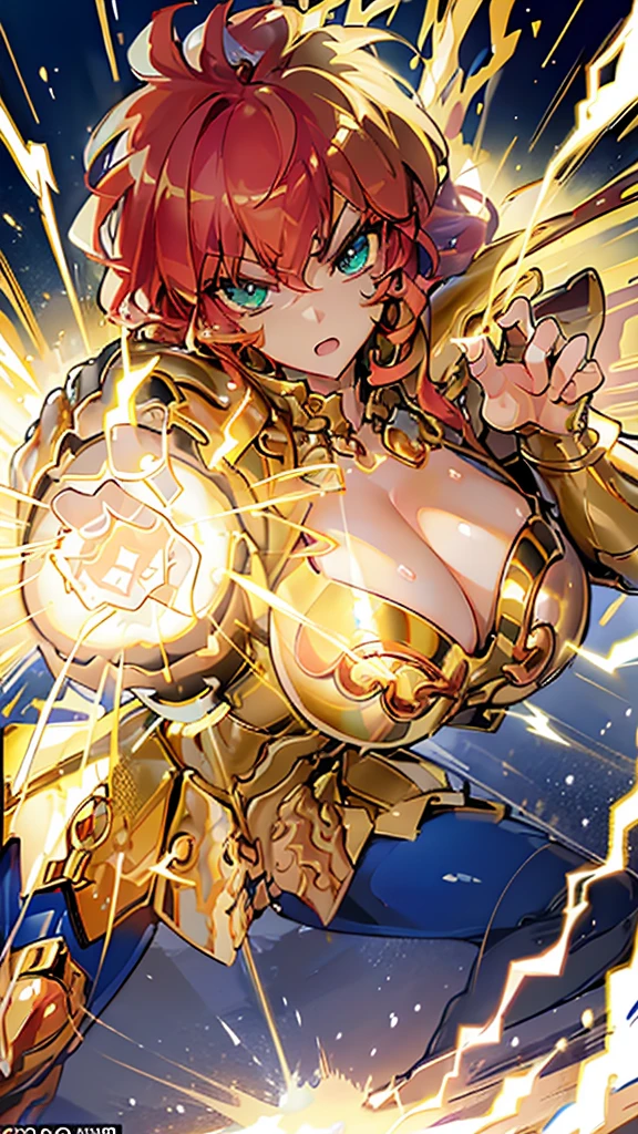 Highest image quality,Outstanding details,Ultra-high resolution,4K image, assembly, best quality, masterpiece, movie lighting ,sexly,Huge breasts,Cleavage,action,In battle,light beam from hand,Golden lightning surrounds,Green eyes,Lipstick,Gold Armor,Amot hardware has cracks,Sweat,Anger,red hair,Wave hairstyle