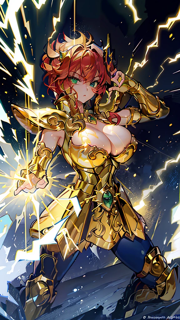 Highest image quality，Outstanding details，Ultra-high resolution，4K image, assembly, best quality, masterpiece, movie lighting ，sexly，Huge breasts，Cleavage，action，In battle，light beam from hand，Golden lightning surrounds，Green eyes，Lipstick，Gold Armor，Amot hardware has cracks，Sweat，Anger，red hair，Wave hairstyle