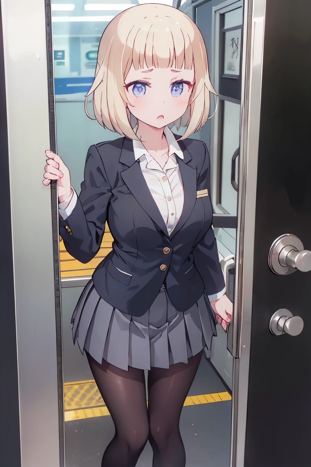 (8K、Highest quality、highest quality、masterpiece)、Detailed face、One girl、on the train、((Pressing her chest against the glass of the door.4))、、short hair、、blunt bangs、Grey Eyes、、、((Blazer jacket uniform))、((Pleated skirt))、((No panties))、((bent over))、Back Alley Background、Very large breasts、Nipples are visible、、Black Pantyhose、Milk dripping from nippleilk spurting from the nipple、、Open your mouth、Troubled face、Love juice from the genitals、Full body portrait、Black Loafers、One man、Hearts in the eyes、Sex with a man、A man stands behind、A man grabs my waist from behind、Standing doggy style、Put your hand on the door