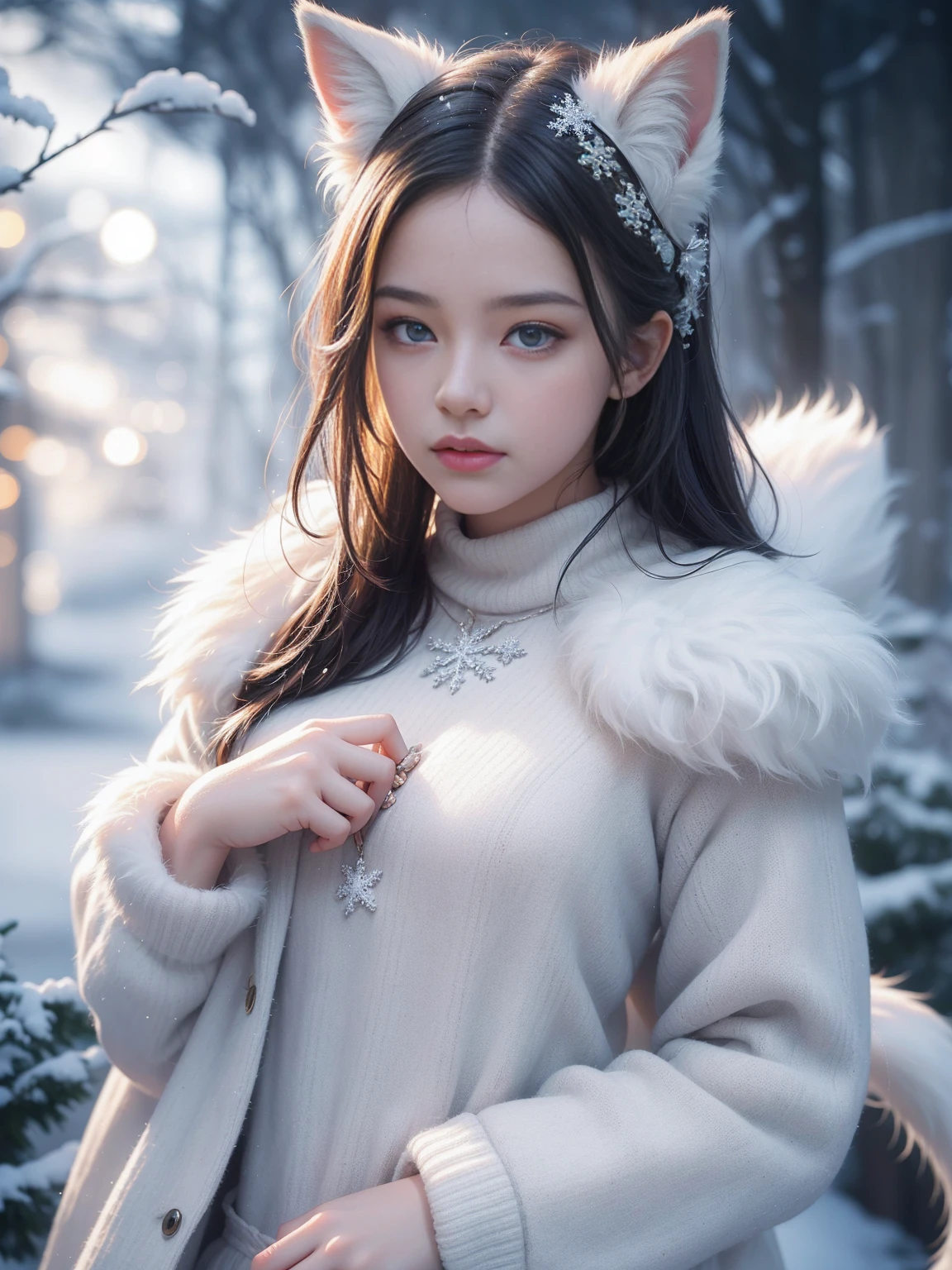 (RAW Photos:1.2), (Realistic:1.4), (Highest quality:1.4), (Ultra-high resolution:1.2), (Very detailed:1.3), (Hmph:1.2), (Cinema Lighting:1.3), (eye), (Yuki:1.2). ), Cute fox, Are standing, (3/4. Portraiture: 1.2), (Hairy tail: 1.2), (Soft fur: 1.2), (Moe: 1.2), (Looking at the audience), (Innocent look), (Soft Light), (dreamy), (dream: 1.3), (Mysterious: 1.3), (magic: 1.2), (Snowflake: 1.2), (Winter Wonderland: 1.3), (Whimsical: 1.2), (fun: 1.2), bust, alone