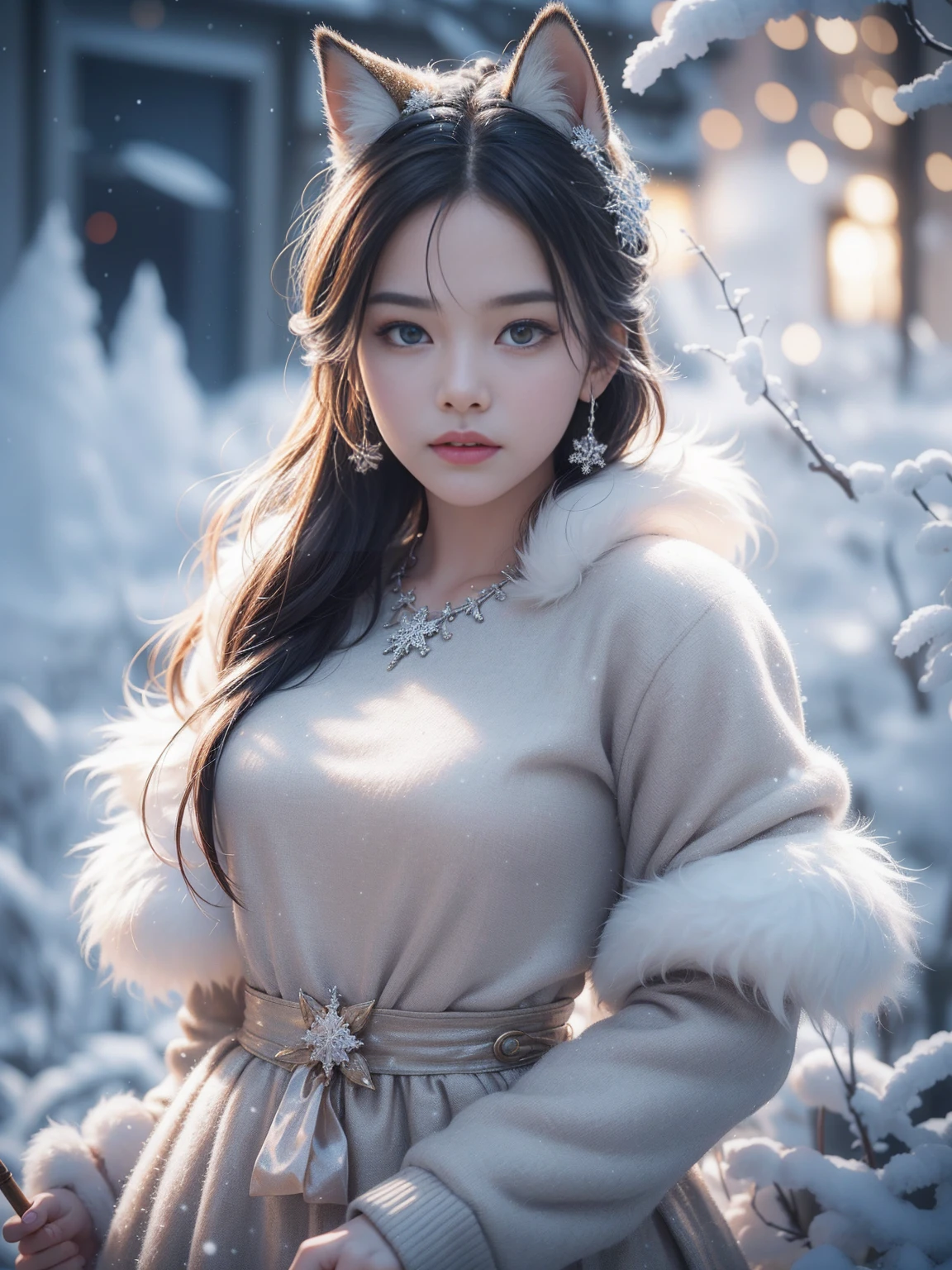 (RAW Photos:1.2), (Realistic:1.4), (Highest quality:1.4), (Ultra-high resolution:1.2), (Very detailed:1.3), (Hmph:1.2), (Cinema Lighting:1.3), (eye), (Yuki:1.2). ), Cute fox, Are standing, (3/4. Portraiture: 1.2), (Hairy tail: 1.2), (Soft fur: 1.2), (Moe: 1.2), (Looking at the audience), (Innocent look), (Soft Light), (dreamy), (dream: 1.3), (Mysterious: 1.3), (magic: 1.2), (Snowflake: 1.2), (Winter Wonderland: 1.3), (Whimsical: 1.2), (fun: 1.2), bust, alone
