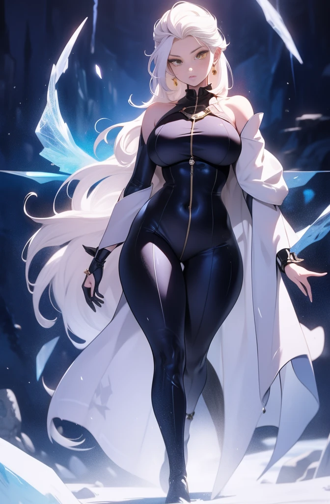 female, solo, young, sexy body, voluptuous figure, tightsuit, white hair, decolored blonde hair, ice effects around, ice queen, beautifull face, long hair, defined body, yellow and bright eyes, thick legs, strong legs, tall, Voluptuous legs, huge ass, big hip, big ass, female sorcerer, blue and black robes,