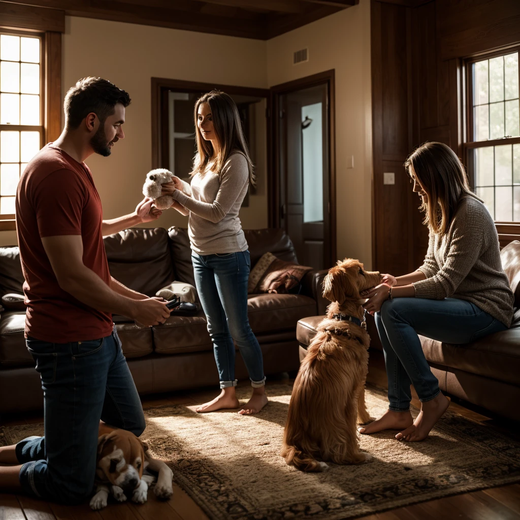 family petting their dog in their house. Deep color, realistic, dynamic lighting