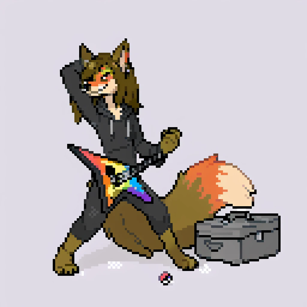 canid, canine, canis, mammal, mythological_canine, were, werecanid, werecanine, fox, anthro, biped, rainbow_body, rainbow_fur, long_brown_hair, brown_tail, black_hoodie, black_jeans, nose_piercing, star_pin, star_guitar, strumming, pokéball_inside_instrument_case, instrument_case_on_ground, grining, pose, male, fingers, fluffy, fluffy_tail, fur, thin_anthro, full_body, solo, digital_media_(artwork), hi_res, masterpiece,