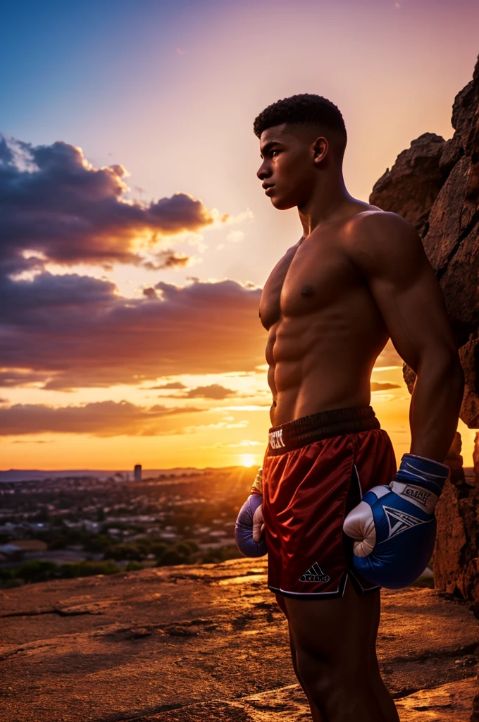 A teen boxer standing at a clif in the sun set ready for training , graphic art 4k