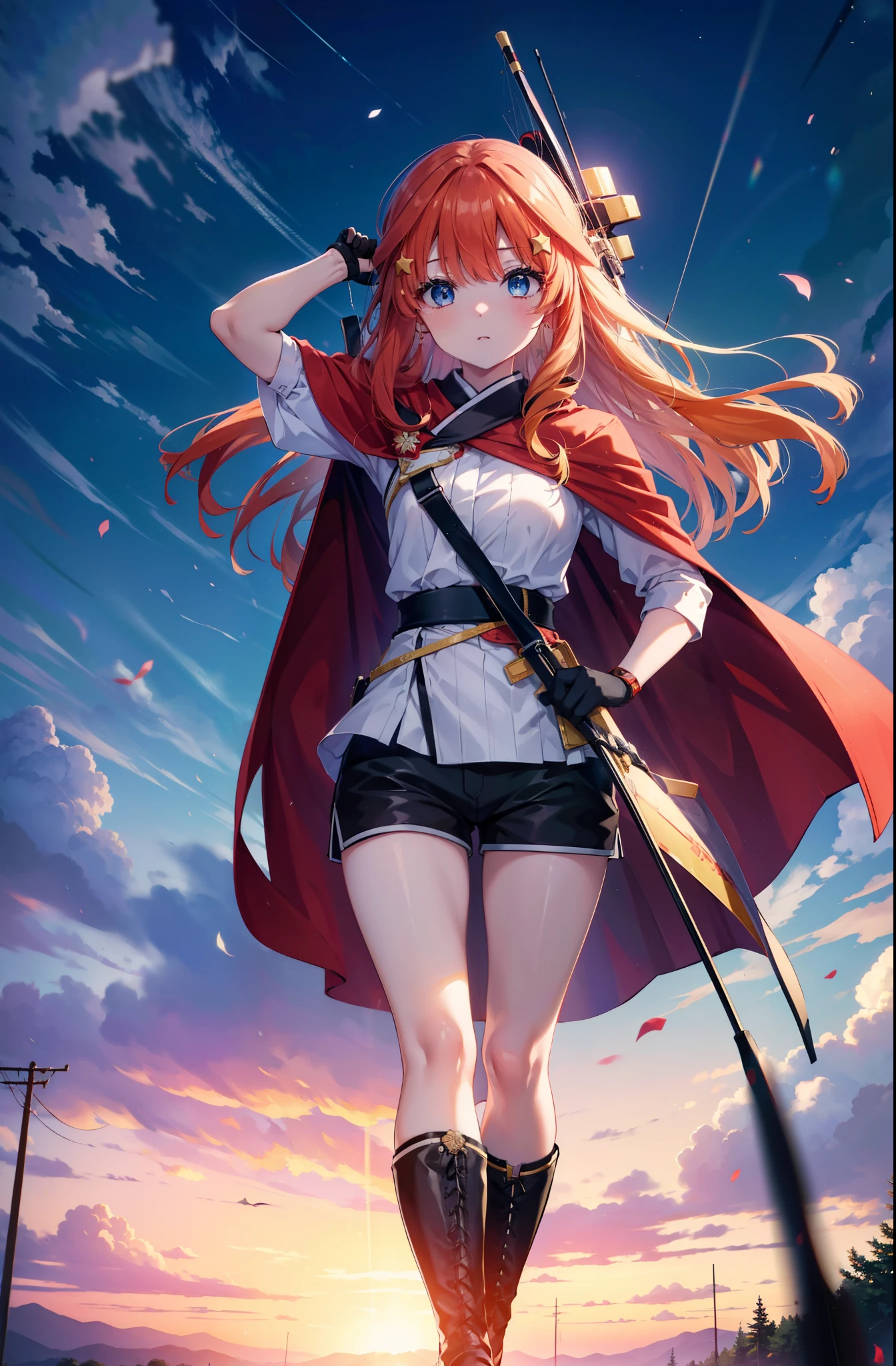 itsukinakano, itsuki nakano, bangs, blue eyes, Hair between the eyes, Redhead, star \(symbol\), hair ornaments, star hair ornaments,Long Hair,Carrying an archery bag,He has a quiver on one side, boots, Cape,gloves, red Knee socks, High heels, Shorts, Knee socks,whole bodyがイラストの中に入っていくように,歩いている
break outdoors, forest,forest林, break looking at viewer,whole body, 
break (masterpiece:1.2), Highest quality, High resolution, unity 8k wallpaper, (shape:0.8), (Fine and beautiful eyes:1.6), Highly detailed face, Perfect lighting, Highly detailed CG, (Perfect hands, Perfect Anatomy),