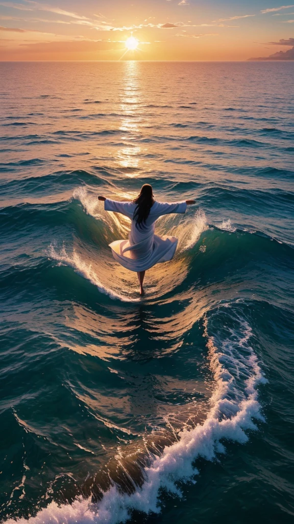 This image depicts a painting of Jesus Christ walking on water with his arms outstretched upwards worshiping heaven. The scene is peaceful, with clouds in the sky combining the colors sky blue and sunset orange and a sense of tranquility. The colors of the painting are mainly earth tones, with warm orange accents.Bird's-eye view:, Nikon D850 camera