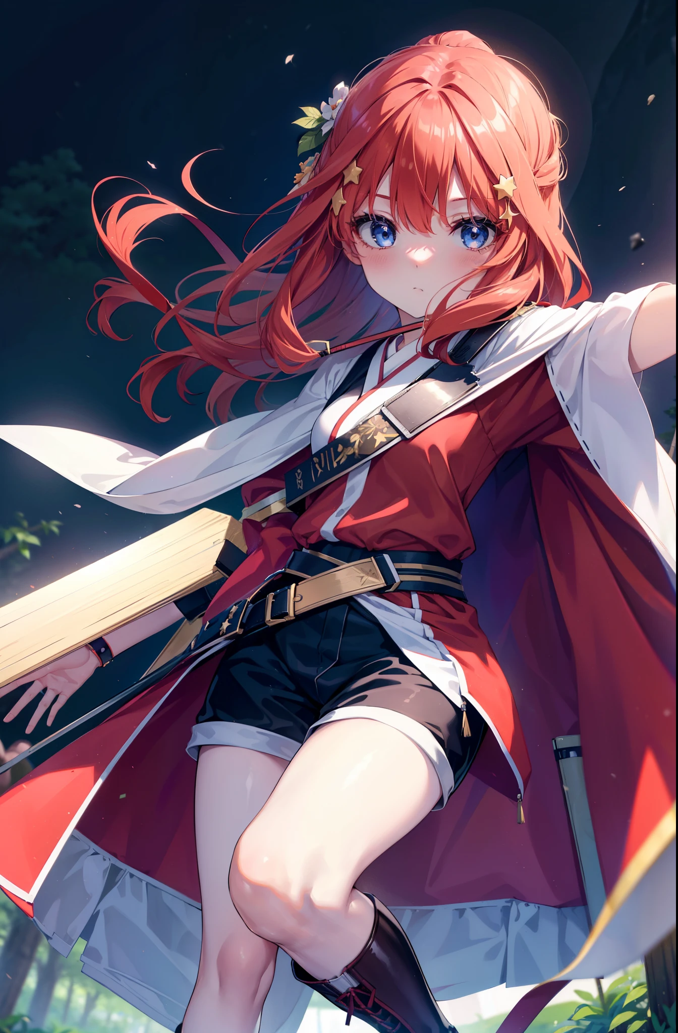 itsukinakano, itsuki nakano, bangs, blue eyes, Hair between the eyes, Redhead, star \(symbol\), hair ornaments, star hair ornaments,Long Hair,Carrying an archery bag,He has a quiver on one side, boots, Cape,gloves, red Knee socks, High heels, Shorts, Knee socks,whole bodyがイラストの中に入っていくように,歩いている
break outdoors, forest,forest林, break looking at viewer,whole body, 
break (masterpiece:1.2), Highest quality, High resolution, unity 8k wallpaper, (shape:0.8), (Fine and beautiful eyes:1.6), Highly detailed face, Perfect lighting, Highly detailed CG, (Perfect hands, Perfect Anatomy),