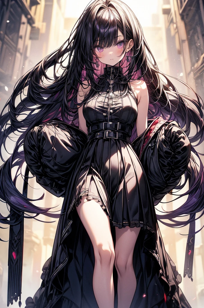 highest quality, ultra high resolution, super detailed, gorgeous, masterpiece, best quality, high resolution finely detailed, distinct image, finely detailed, hourglass figure, immaculate and alluring body shape, 19 year old, 1 girl, solo, sharp facial features, oval shaped face, high-bridged nose, cherry red lips, dark velvet colored eyes, tall height(175cm), slim curves, toned body type, flowing waist length hair, sleek dark violet-black hair, narrow waist, long slender legs, modern city setting, flawless lightly tanned white skin, off-shoulder blouse, knee-length pleated skirt