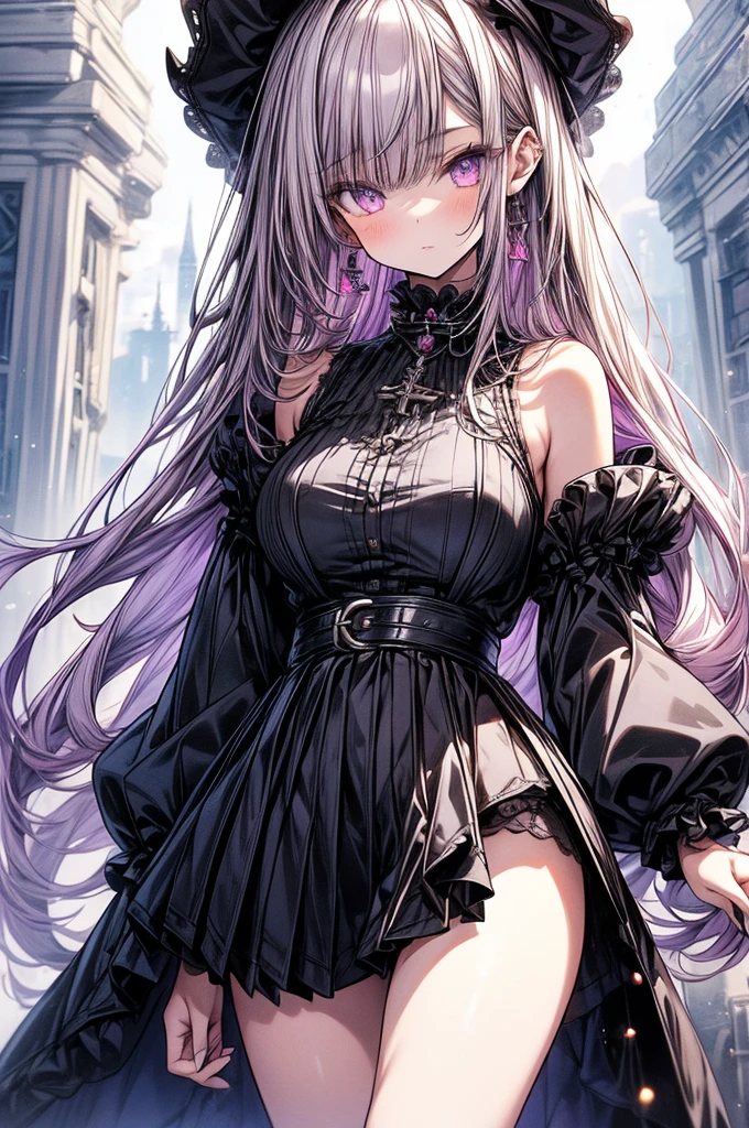 masterpiece, best quality, high-resolution, finely detailed, extremely detailed and beautiful, distinct_image, 1 girl, solo, beautiful young anime girl, 16 years old, oval face, slender and toned hourglass body shape, sharp and noble facial features, arrogant and disdainful expression, classy opulent bedroom, sleeveless gothic white ruffled blouse, gothic pleated A-line mini-skirt flaring out behind her, tanned white skin, plump cherry pink lips, thin eyebrows, big round violet-colored eyes, sleek short sleek dark-violet hair with American Pixie cut and small bangs covering her forehead, narrow waist, small wide curvy hips protruding to large perky round ass, sandals, modest C-cup breast size, tall 175cm, full body image, standing straight, looking at camera, hip level shot, huge European castle background, best quality