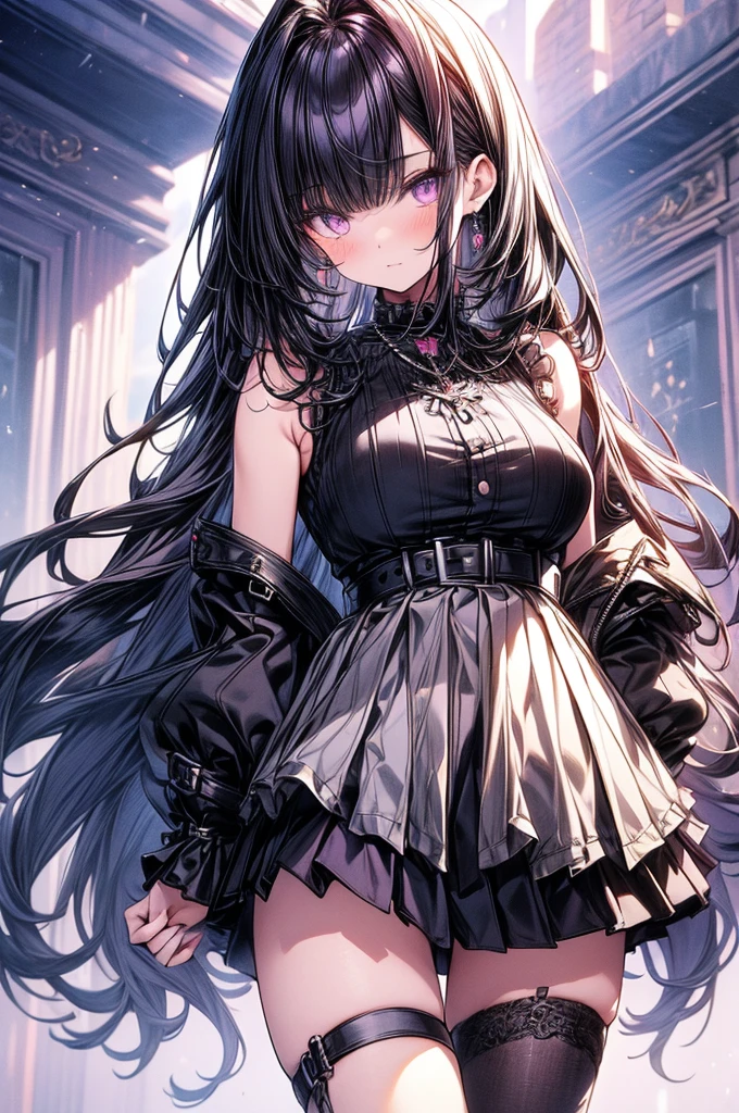 masterpiece, best quality, high-resolution, finely detailed, extremely detailed and beautiful, distinct_image, 1 girl, solo, beautiful young anime girl, 16 years old, oval face, slender and toned hourglass body shape, sharp and noble facial features, arrogant and disdainful expression, classy opulent bedroom, sleeveless gothic white ruffled blouse, gothic pleated A-line mini-skirt flaring out behind her, tanned white skin, plump cherry pink lips, thin eyebrows, big round violet-colored eyes, sleek short sleek dark-violet hair with American Pixie cut and small bangs covering her forehead, narrow waist, small wide curvy hips protruding to large perky round ass, sandals, modest C-cup breast size, tall 175cm, full body image, standing straight, looking at camera, hip level shot, huge European castle background, best quality