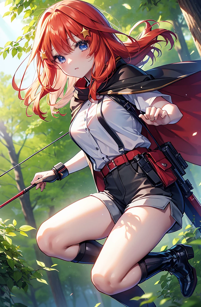 itsukinakano, itsuki nakano, bangs, blue eyes, Hair between the eyes, Redhead, star \(symbol\), hair ornaments, star hair ornaments,Long Hair,Carrying an archery bag,He has a quiver on one side, boots, Cape,gloves, red Knee socks, High heels, Shorts, Knee socks,whole bodyがイラストの中に入っていくように,歩いている
break outdoors, forest,forest林, break looking at viewer,whole body, 
break (masterpiece:1.2), Highest quality, High resolution, unity 8k wallpaper, (shape:0.8), (Fine and beautiful eyes:1.6), Highly detailed face, Perfect lighting, Highly detailed CG, (Perfect hands, Perfect Anatomy),