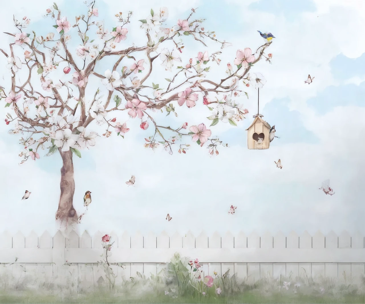 enchanted garden, with green lawn, cherry,  birds, borboleta, flowers.