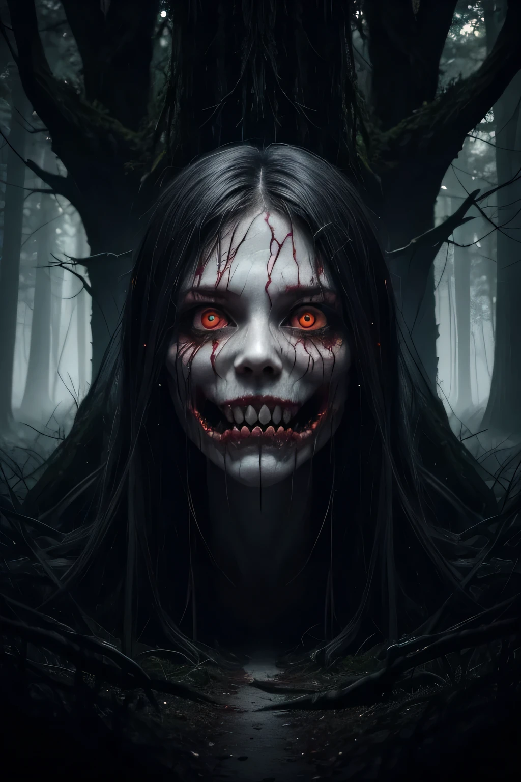 ghosts with red and terrifying eyes, floating specters with glowing eyes and sharp teeth, their translucent forms undulating in the air, a dark, dense forest with tall, gnarled trees, the atmosphere is one of pure fear and tension, digitalpainting, using layering techniques and complex textures, --ar 16:9 --v 5