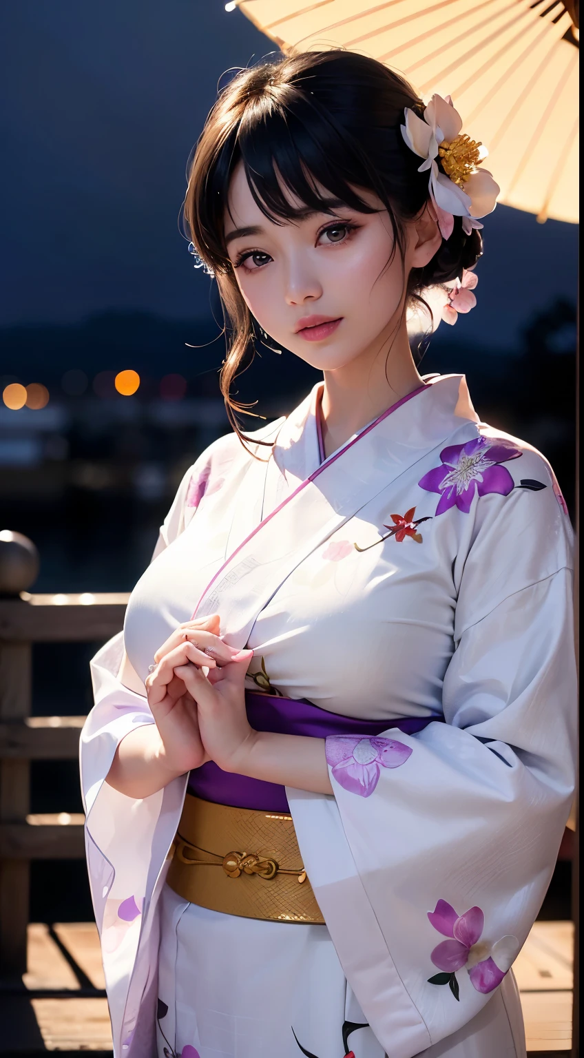 (logo、masterpiece、8K、Tabletop、RAW Photos、wonderful、最high quality、フォトリアリスティックでVery detailedな CG 複合 8K 壁紙、high quality、Very detailed、Narrative poem、Particle Effects、Dynamic Effects、Depth of the Boundary、Cinematic Light、Lens flare、Ray Tracing)、 (One beautiful woman wearing a yukata、White yukata、Light purple pattern)、Black-haired、High definition skin、Very fine、Fine skin texture、Beautiful Face、True Face、Beautiful details in the eyes、Realistic eyes、Beautifully detailed eyes、Realistic Skin、Beautiful Skin、Surreal、Smiling Eyes、Hair and light eyes、vivid、Colorful lights and bokeh、plump lower lip、Pink Lips、Hair flutters in Wind、Hair bounces、wonderful景色、night、evening、Wind、moonlight、moonlight、light