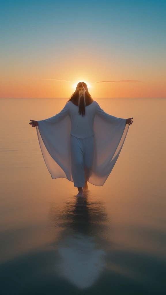 This image depicts a painting of Jesus Christ walking on water with his arms outstretched upwards worshiping heaven. The scene is peaceful, with clouds in the sky combining the colors sky blue and sunset orange and a sense of tranquility. The colors of the painting are mainly earth tones, with warm orange accents.Bird's-eye view:, Nikon D850 camera