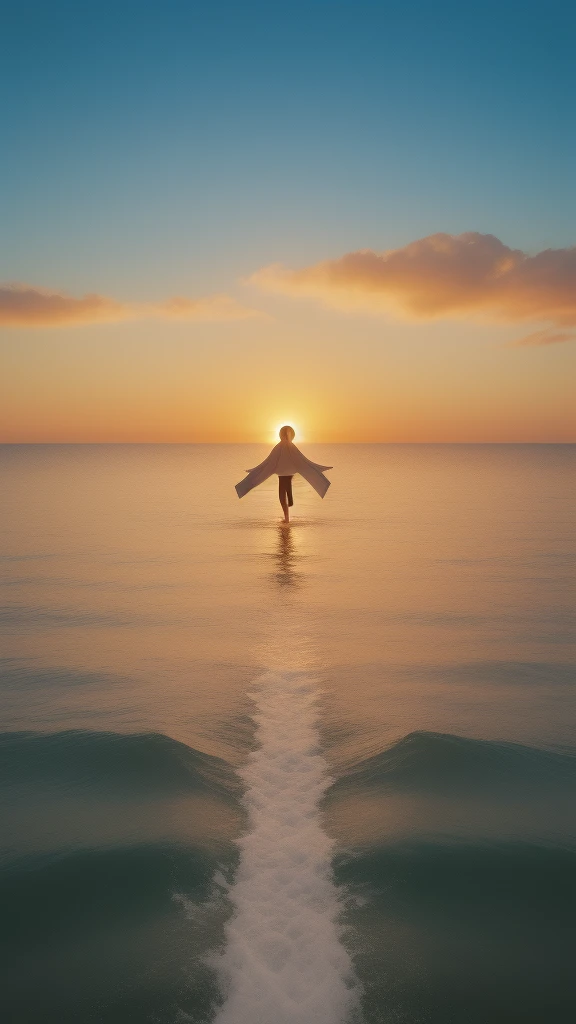 This image depicts a painting of Jesus Christ walking on water with his arms outstretched upwards worshiping heaven. The scene is peaceful, with clouds in the sky combining the colors sky blue and sunset orange and a sense of tranquility. The colors of the painting are mainly earth tones, with warm orange accents.Bird's-eye view:, Nikon D850 camera