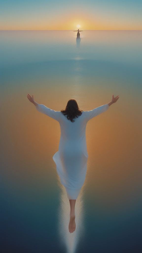 This image depicts a painting of Jesus Christ walking on water with his arms outstretched upwards worshiping heaven. The scene is peaceful, with clouds in the sky combining the colors sky blue and sunset orange and a sense of tranquility. The colors of the painting are mainly earth tones, with warm orange accents.Bird's-eye view:, Nikon D850 camera