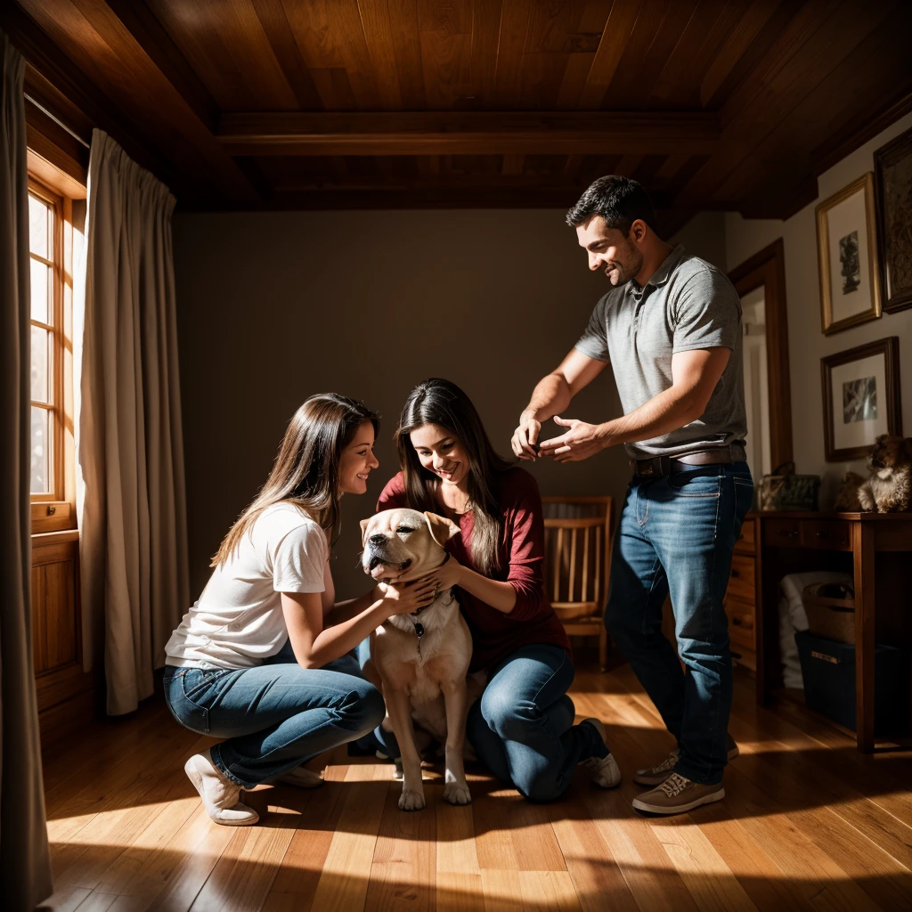 family petting their dog in their house. Deep color, realistic, dynamic lighting