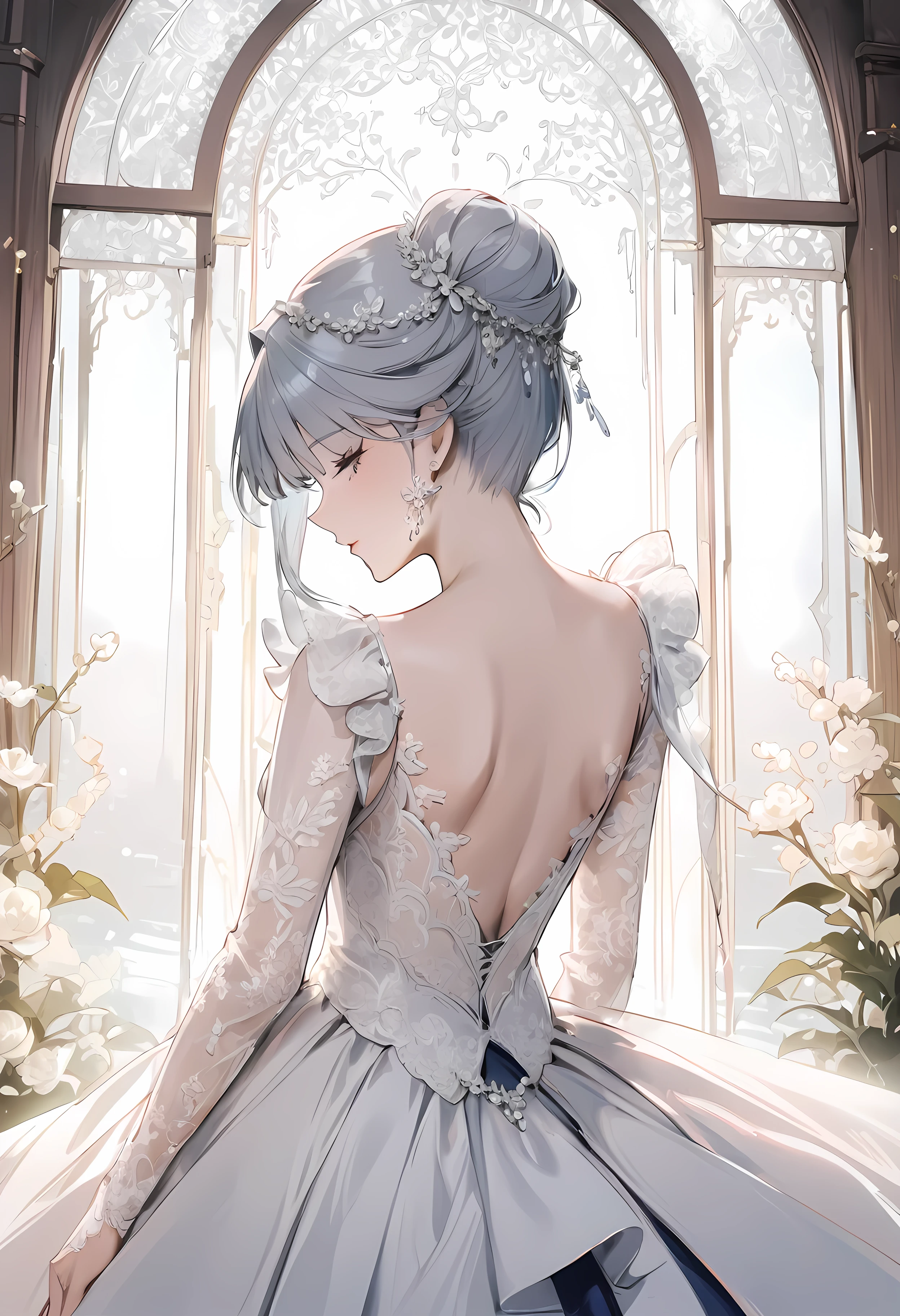 ((Top quality, masterpiece, freak, super resolution)), 1 girl, Japanese model,,Short bomb hair,A stunning bridal gown featuring a fitted bodice adorned with intricate lace appliqués and beadwork. The dress has a high illusion neckline with sheer lace sleeves that flare out gracefully at the wrists, decorated with delicate lace patterns. The full ball gown skirt is made of layers of tulle, creating a voluminous and ethereal silhouette. The dress also features a long, flowing train that adds to its majestic appearance. The back of the gown is equally exquisite, with a row of delicate buttons and a subtle lace overlay. This enchanting dress is perfect for a fairytale wedding.