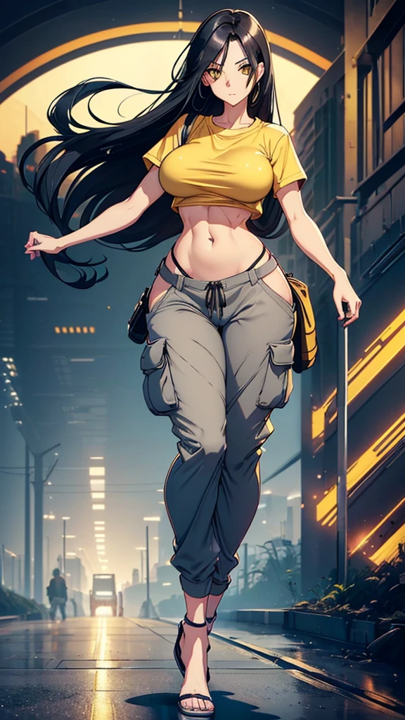 Create a hyperrealistic, photorealistic, 4K, anime girl, cute, beautiful, hot with (long straight black hair), (light yellow eyes, glistening), (mature), ((smooth stomach)) ((chiseled abs)) ((very tight light gray cropped shirt)) ((with long baggy cargo pants)), completing her sleek and formidable appearance. ((medium breasts, medium butt, medium thighs, curvy)) (long and thin waist) ((full body)) ((front-facing)) (slim body) (smooth sexy stomach) ((hourglass figure)) (full body in camera) ((thin face)) (toes)