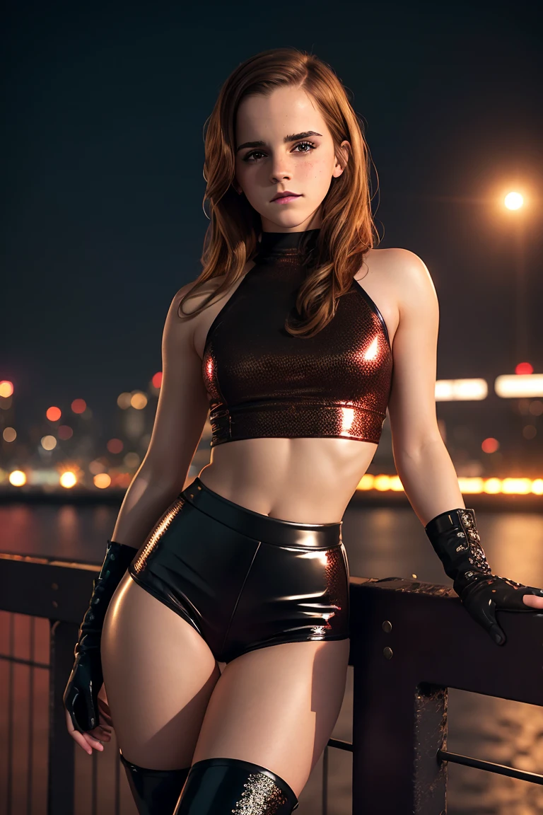 Highly detailed. a sexy beautiful teen Emma Watson. sparkly brown eyes. long hair. freckles, faint smile. red tight intricate sparkly latex shorts, crop top, boots. leaning on fence. dark ambient. cinematic lighting. background skyline. full shot.