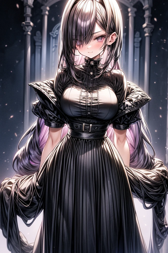 beautiful young anime girl, 16 years old, oval face, slender and toned hourglass body shape, sharp and noble facial features, arrogant and disdainful expression, classy opulent bedroom, sleeveless gothic white ruffled blouse, gothic pleated A-line mini-skirt flaring out behind her, tanned white skin, plump cherry pink lips, thin eyebrows, big round violet-colored eyes, sleek short sleek dark-violet hair with American Pixie cut and small bangs covering her forehead, narrow waist, small wide curvy hips protruding to large perky round ass, sandals, modest C-cup breast size, tall 175cm, full body image, standing straight, looking at camera, hip level shot, huge European castle background, best quality