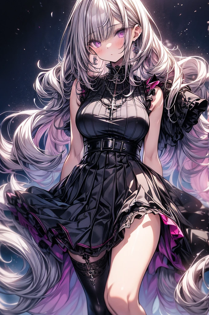 masterpiece, best quality, high-resolution, finely detailed, extremely detailed and beautiful, distinct_image, 1 girl, solo, beautiful young anime girl, 16 years old, oval face, slender and toned hourglass body shape, sharp and noble facial features, arrogant and disdainful expression, classy opulent bedroom, sleeveless gothic white ruffled blouse, gothic pleated A-line mini-skirt flaring out behind her, tanned white skin, plump cherry pink lips, thin eyebrows, big round violet-colored eyes, sleek short sleek dark-violet hair with American Pixie cut and small bangs covering her forehead, narrow waist, small wide curvy hips protruding to large perky round ass, sandals, modest C-cup breast size, tall 175cm, full body image, standing straight, looking at camera, hip level shot, huge European castle background, best quality