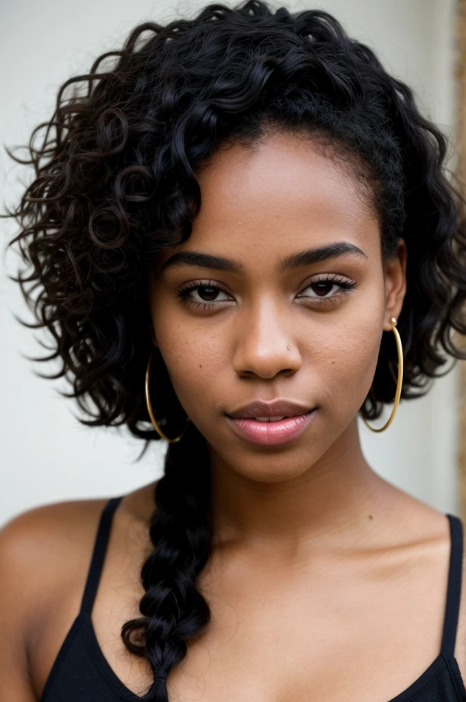 A 22-year-old black woman, with curly black hair, and a mole near the lips. She's wearing casual, comfortable clothes, typical to use at home, no sensual connotations. Her appearance is beautiful and reflects a common Brazilian face. The photo should look as if it were taken on a cell phone, capturing an everyday moment with natural lighting. The image must be 8k quality, with photographic realism that shows every detail in an authentic and natural way.