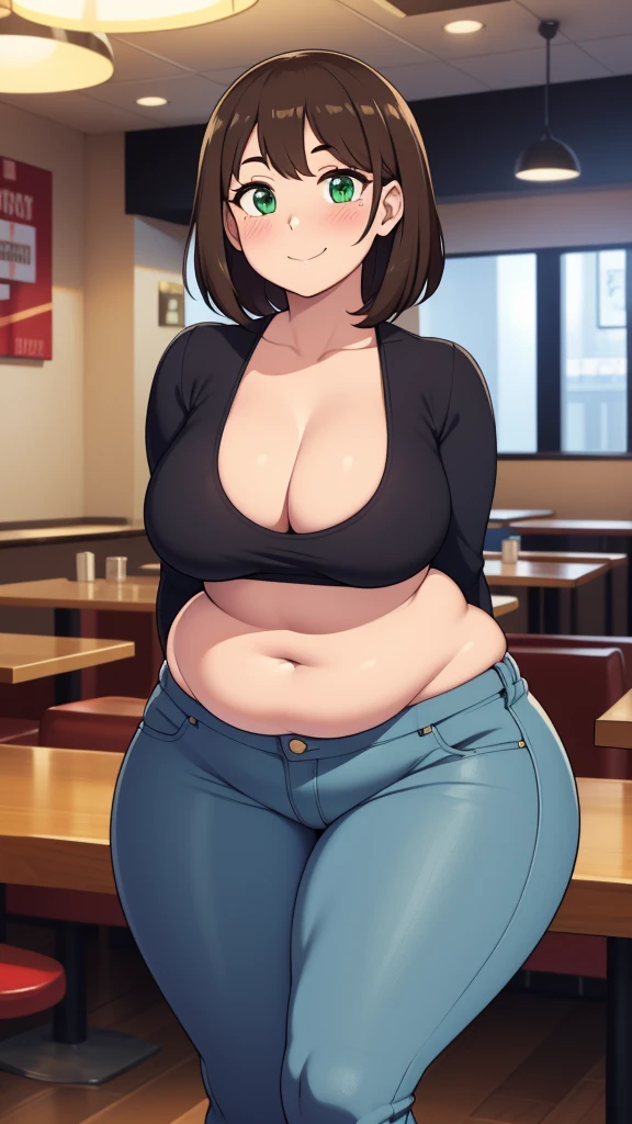 ((highres)), Masterpiece, high quality, best quality, beautiful, perfect lighting, detailed face, ultra cute face, looking at viewer, on a date, ((blush)), affectionate smile, ((1girl)), ((solo)), brown hair, fluffy hair, green eyes, jeans, crop top, tight clothes, fast food restaurant, medium breasts, cleavage, wide hips, ((thick thighs)), ((chubby)), chubby belly, standing, arms behind back, leaned over, cute pose,