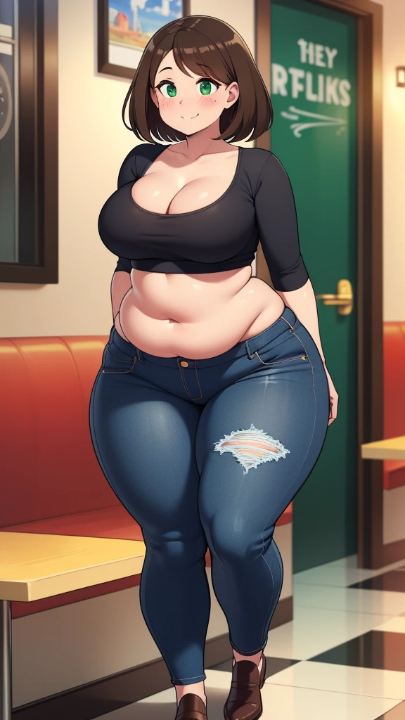 ((highres)), Masterpiece, high quality, best quality, beautiful, perfect lighting, detailed face, ultra cute face, looking at viewer, on a date, ((blush)), affectionate smile, ((1girl)), ((solo)), brown hair, fluffy hair, green eyes, jeans, crop top, tight clothes, fast food restaurant, medium breasts, cleavage, wide hips, ((thick thighs)), ((chubby)), chubby belly, standing, arms behind back, leaned over, cute pose,