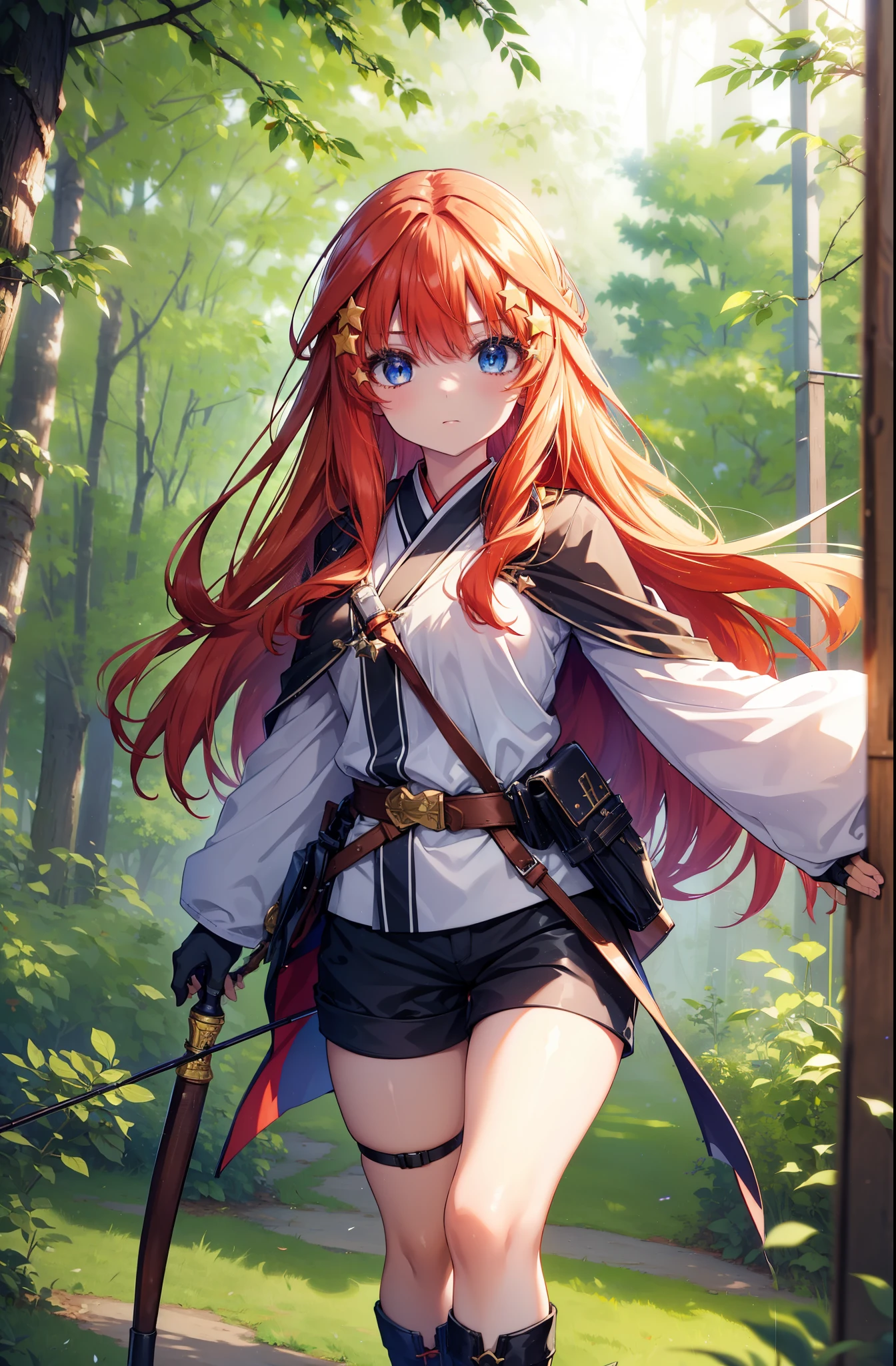 itsukinakano, itsuki nakano, bangs, blue eyes, Hair between the eyes, Redhead, star \(symbol\), hair ornaments, star hair ornaments,Long Hair,Carrying an archery bag,He has a quiver on one side, boots, Cape,gloves, red Knee socks, High heels, Shorts, Knee socks,whole bodyがイラストの中に入っていくように,歩いている
break outdoors, forest,forest林, break looking at viewer,whole body,
break (masterpiece:1.2), Highest quality, High resolution, unity 8k wallpaper, (shape:0.8), (Fine and beautiful eyes:1.6), Highly detailed face, Perfect lighting, Highly detailed CG, (Perfect hands, Perfect Anatomy),