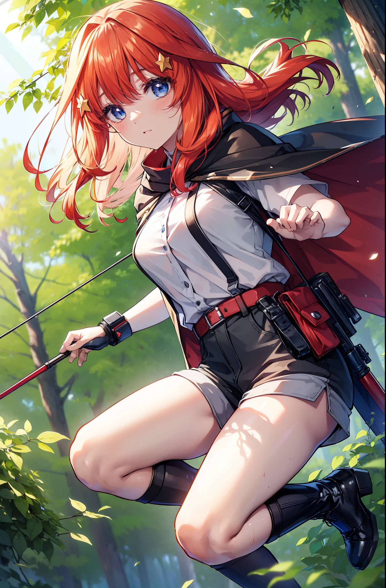 itsukinakano, itsuki nakano, bangs, blue eyes, Hair between the eyes, Redhead, star \(symbol\), hair ornaments, star hair ornaments,Long Hair,Carrying an archery bag,He has a quiver on one side, boots, Cape,gloves, red Knee socks, High heels, Shorts, Knee socks,whole bodyがイラストの中に入っていくように,歩いている
break outdoors, forest,forest林, break looking at viewer,whole body, 
break (masterpiece:1.2), Highest quality, High resolution, unity 8k wallpaper, (shape:0.8), (Fine and beautiful eyes:1.6), Highly detailed face, Perfect lighting, Highly detailed CG, (Perfect hands, Perfect Anatomy),