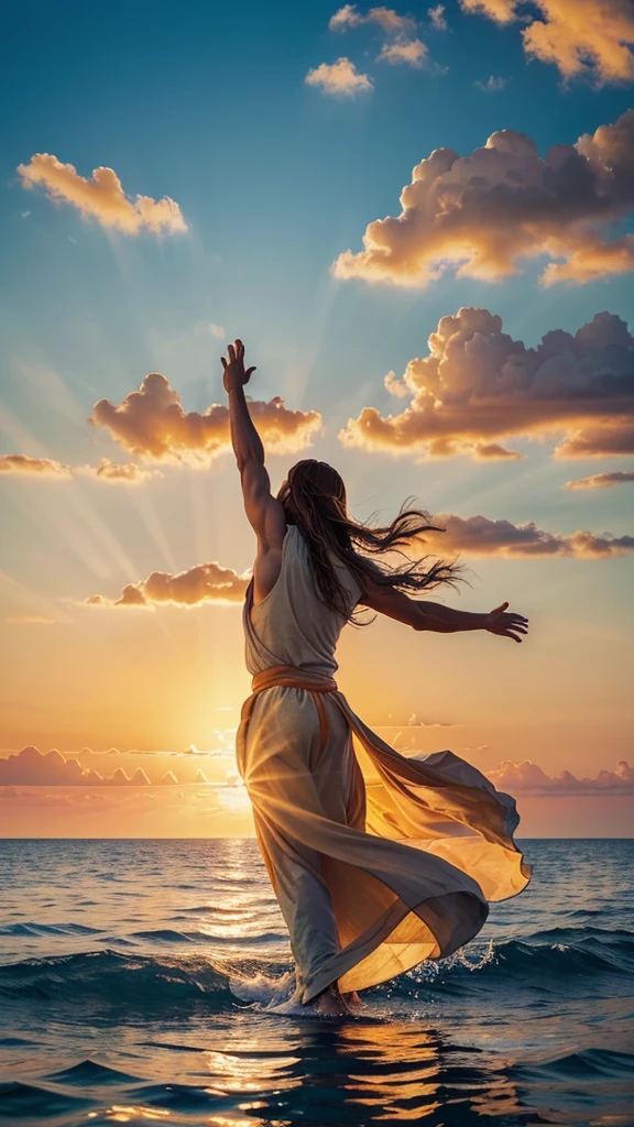 This image depicts a painting of Jesus Christ walking on water with his arms outstretched upwards worshiping heaven. The scene is peaceful, with clouds in the sky combining the colors sky blue and sunset orange and a sense of tranquility. The colors of the painting are mainly earth tones, with warm orange accents.Bird's-eye view:, Nikon D850 camera