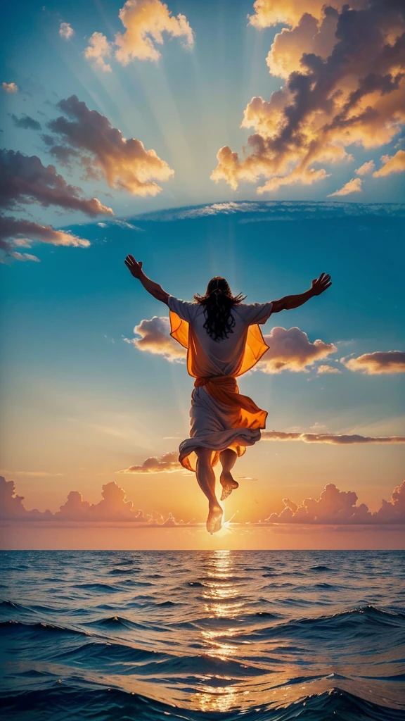 This image depicts a painting of Jesus Christ walking on water with his arms outstretched upwards worshiping heaven. The scene is peaceful, with clouds in the sky combining the colors sky blue and sunset orange and a sense of tranquility. The colors of the painting are mainly earth tones, with warm orange accents.Bird's-eye view:, Nikon D850 camera