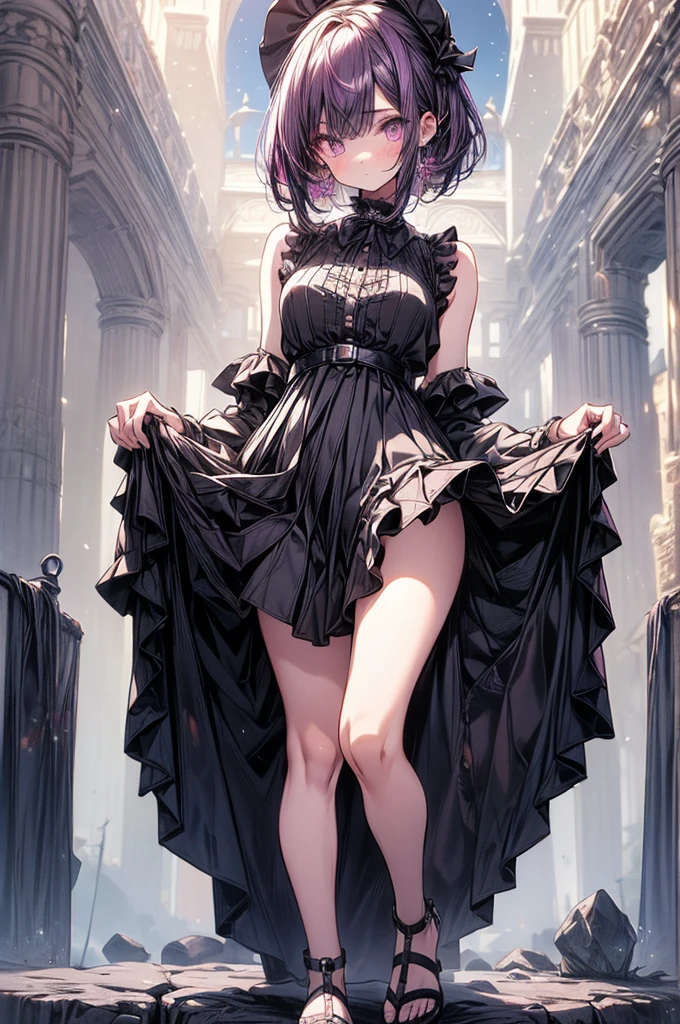 masterpiece, best quality, high-resolution, finely detailed, extremely detailed and beautiful, distinct_image, 1 girl, solo, beautiful young anime girl, , oval face, slender and toned hourglass body shape, sharp and noble facial features, arrogant and disdainful expression, classy opulent bedroom, sleeveless gothic white ruffled blouse, gothic pleated A-line mini-skirt flaring out behind her, tanned white skin, plump cherry pink lips, thin eyebrows, big round violet-colored eyes, sleek short sleek dark-violet hair with American Pixie cut and small bangs covering her forehead, narrow waist, small wide curvy hips protruding to large perky round ass, sandals, modest C-cup breast size, tall 175cm, full body image, standing straight, looking at camera, hip level shot, huge European castle background, best quality