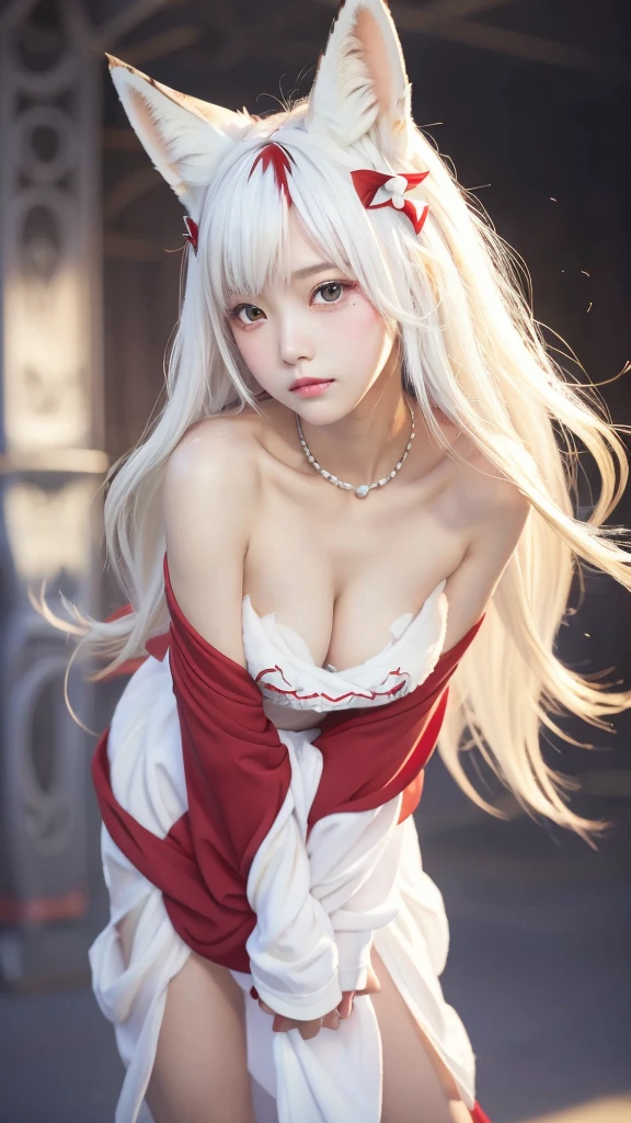 masterpiece, Highest quality ,(((Full body photo:1.3)))、 Consciousness upward,1 perfect portrait of a girl, A fascinating eye for perfect detail, Colorful Hair, (red+White and soft hair:1.6), (White fox ears:1.3), ファンタジーなredい背景, {Sexy exposed shoulders} ,{Long-term alienation_sleeve}, {Lean forward slightly}, If you look up, hair ornaments, {shy },Please keep your mouth shut, Tilt your head, Cinema Lighting, Larger clothes, ((Seductive pose)),