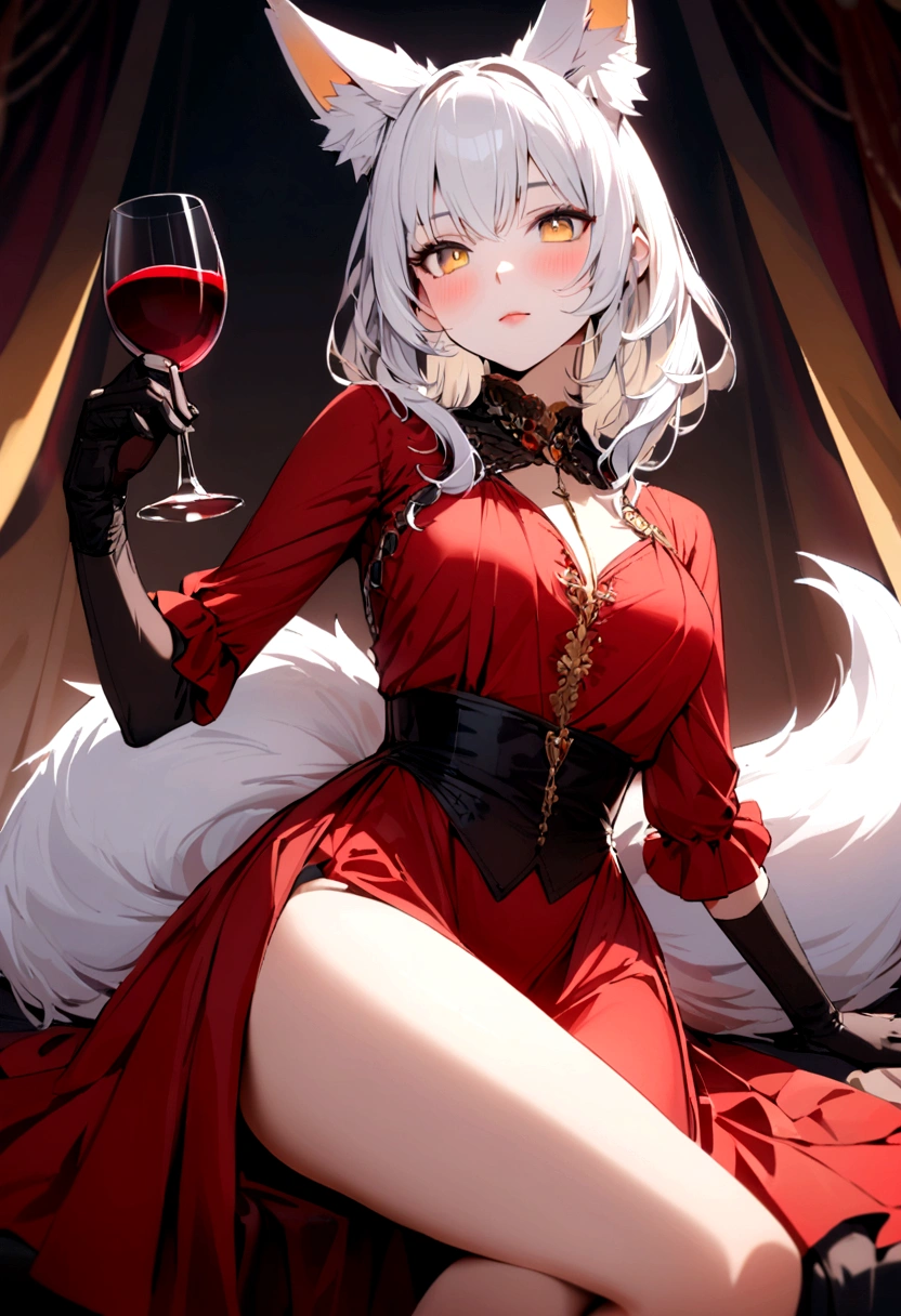 Create a girl with white hair and yellow eyes wearing a red dress with an opening in one of her legs.,black gloves up to the elbows with a fox tail and ears while in his hand he carries a glass of wine 