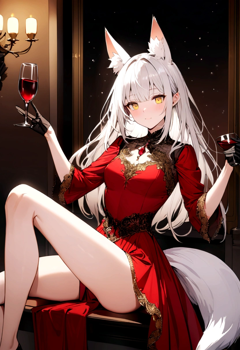 ((Best Quality)) ((masterpiece)) Long white hair girl, light blue eyes, big breasts, Thin waist, wide thighs, in an elegant black dress,Looking forward,with a glass of wine in hand, in the background a high class casino, 