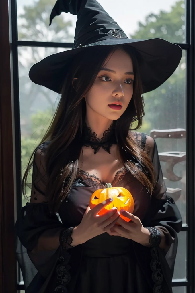 One Girl,(Sexy Lace Witch Costume:1.2),House with spooky Halloween decorations,Super detailed,Realistic:1.2,Sharp focus,Vibrant colors,Studio Lighting,Horror,Portraiture,Mysterious atmosphere,Luminous pumpkin,Creepy spider,Witch Hat,Scary masks,Haunted Furniture,Dark and eerie shadows,Moonlight shining through the window,Ghost Appearance,Witch's broom,Foggy atmosphere,Witch's Cauldron,Bats flying in the background,Walls covered with cobwebs,Magic Spellbook,Orange and black color scheme,The eyes of a mysterious girl piercing through the darkness,Mix 4, whole body, Big Breasts