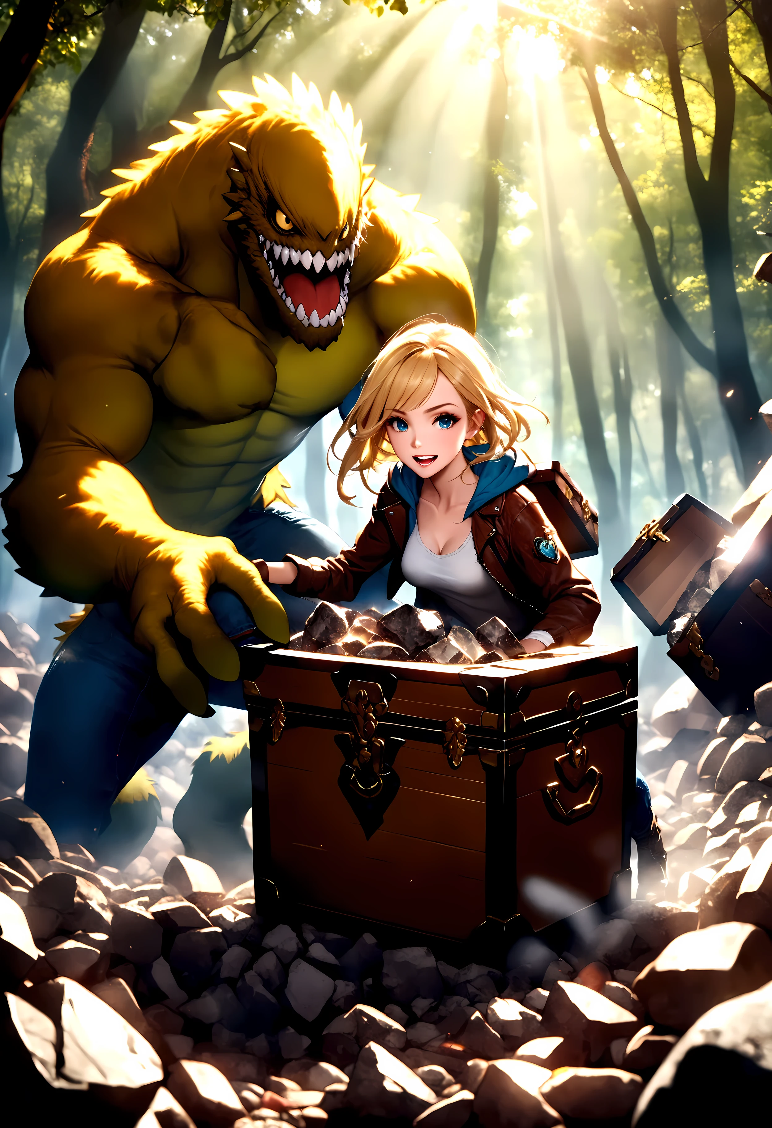 ((Masterpiece in maximum 16K resolution):1.6),((soft_color_photograpy:)1.5), ((Ultra-Detailed):1.4),((Movie-like still images and dynamic angles):1.3),((Wide cinematic lens):1.1). | ((Wide Cinematic shot of a pretty female adventurer facing off a mimic treasure chest monster):1.2), (( beautiful detailed eyes, beautiful detailed lips, extremely detailed eyes and face, long eyelashes, blonde hair, leather jacket, ripped jeans, rugged boots):1.1), ((mimic monster treasure chest monster, creature, teeth, rubble, debris):1.3), (wide cinematic lens), (tyndall effect), (forest background, sunlight, warm lighting), (epic sky), (magical atmosphere), (shimmer), (visual experience) ,(Realism), (Realistic),award-winning graphics, dark shot, film grain, extremely detailed, Digital Art, rtx, Unreal Engine, scene concept anti glare effect, All captured with sharp focus. | Rendered in ultra-high definition with UHD and retina quality, this masterpiece ensures anatomical correctness and textured skin with super detail. With a focus on high quality and accuracy, this award-winning portrayal captures every nuance in stunning 16k resolution, immersing viewers in its lifelike depiction. | ((perfect_composition, perfect_design, perfect_layout, perfect_detail, ultra_detailed)), ((enhance_all, fix_everything)), More Detail, Enhance.