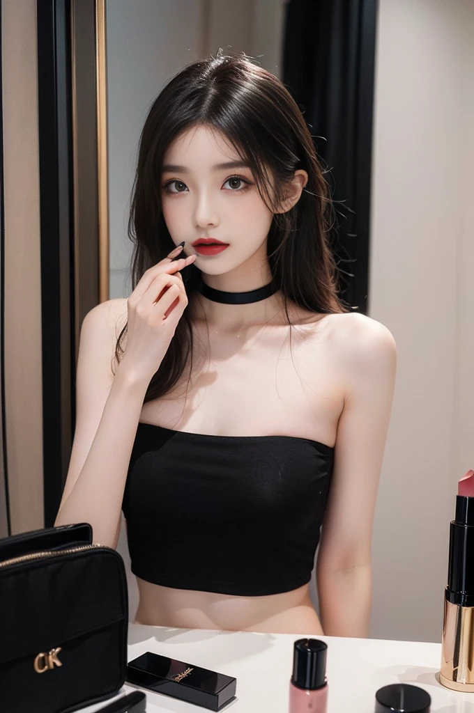 ((top quality, 8K, masterpiece: 1.3)), lens flare, full body shot, indirect lighting, (a faint smile : 1.3), ((1 woman, 20 years old), (beauty: 1.4), slim body, realistic skin, ((black medium hair : 1.3), (strapless mini dress, long legs, see-through pantyhose, choker necklace, precious metals, high heels), (Make-up room, closet, footboard, powder room), (face the makeup mirror, lower the upper body, stick ass out, put on lipstick, apply lips), 상체를 숙이다, 엉덩이를 빼다, very detailed look, very detailed lips, detailed eyes, precise gaze, beautiful student, Clear eye line, abundant eyelashes, double eyelid, detailed fingers, detailed legs, natural anatomy, cosmetics pouch, flour, cosmetics, Nail art, feminine accessories